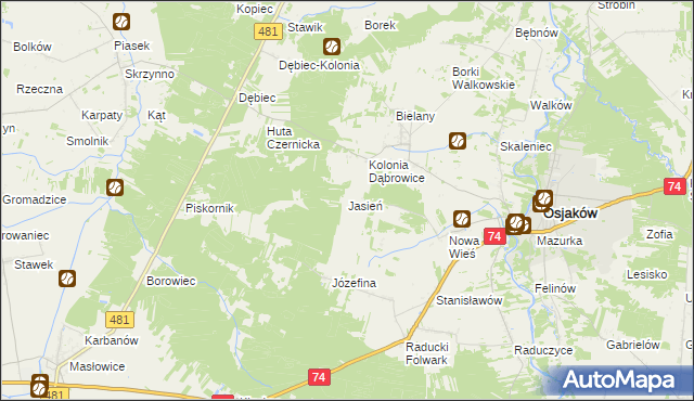 mapa Jasień gmina Osjaków, Jasień gmina Osjaków na mapie Targeo