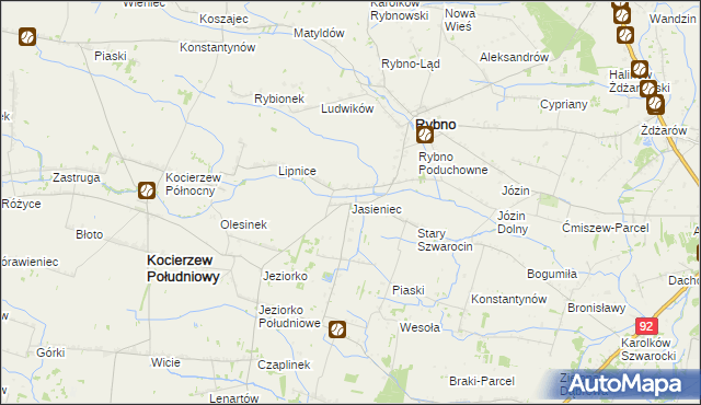 mapa Jasieniec gmina Rybno, Jasieniec gmina Rybno na mapie Targeo