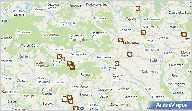 mapa Jastrzębie gmina Łukowica, Jastrzębie gmina Łukowica na mapie Targeo