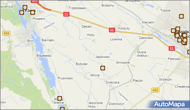 mapa Jaszkowo gmina Zaniemyśl, Jaszkowo gmina Zaniemyśl na mapie Targeo