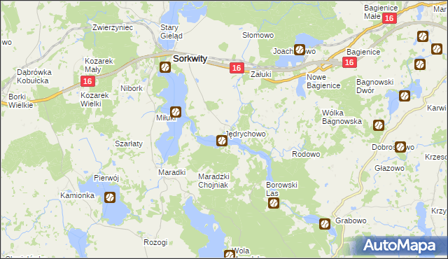 mapa Jędrychowo gmina Sorkwity, Jędrychowo gmina Sorkwity na mapie Targeo