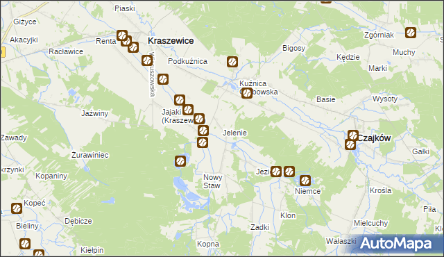 mapa Jelenie gmina Kraszewice, Jelenie gmina Kraszewice na mapie Targeo