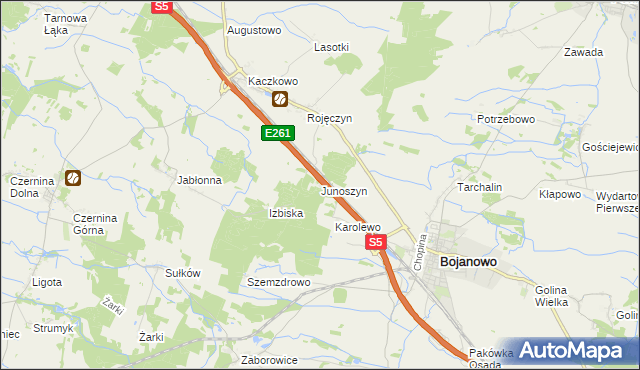 mapa Junoszyn gmina Rydzyna, Junoszyn gmina Rydzyna na mapie Targeo