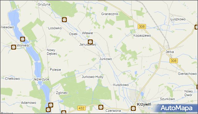 mapa Jurkowo gmina Krzywiń, Jurkowo gmina Krzywiń na mapie Targeo