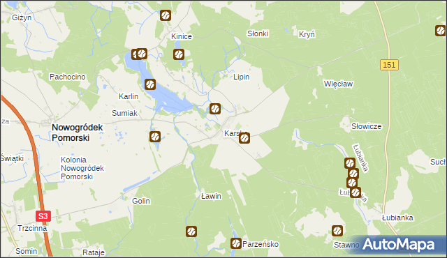 mapa Karsko gmina Nowogródek Pomorski, Karsko gmina Nowogródek Pomorski na mapie Targeo