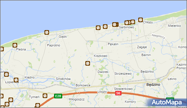 mapa Kiszkowo gmina Będzino, Kiszkowo gmina Będzino na mapie Targeo