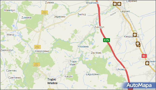 mapa Kłodawa gmina Trąbki Wielkie, Kłodawa gmina Trąbki Wielkie na mapie Targeo