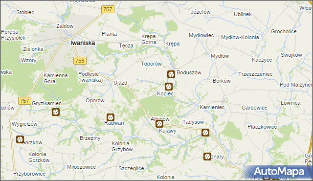 mapa Kopiec gmina Iwaniska, Kopiec gmina Iwaniska na mapie Targeo