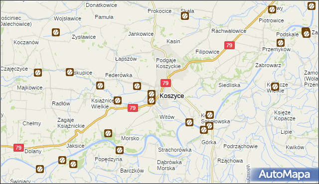 mapa Koszyce powiat proszowicki, Koszyce powiat proszowicki na mapie Targeo