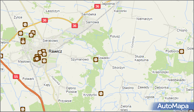 mapa Kowaliki gmina Rawicz, Kowaliki gmina Rawicz na mapie Targeo