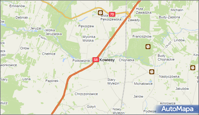 mapa Kowiesy powiat skierniewicki, Kowiesy powiat skierniewicki na mapie Targeo