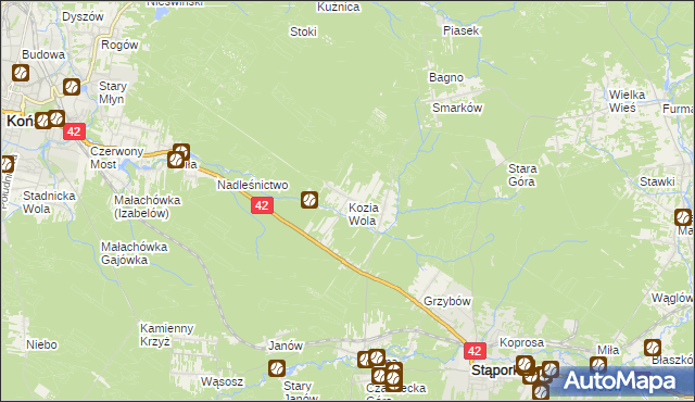 mapa Kozia Wola gmina Stąporków, Kozia Wola gmina Stąporków na mapie Targeo