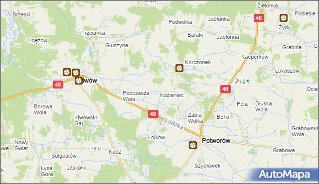 mapa Kozieniec gmina Potworów, Kozieniec gmina Potworów na mapie Targeo