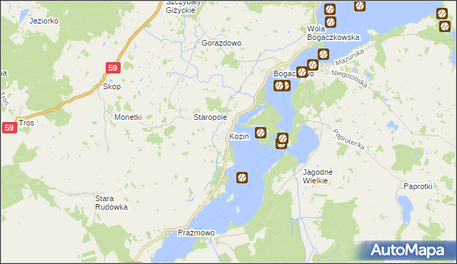 mapa Kozin gmina Giżycko, Kozin gmina Giżycko na mapie Targeo