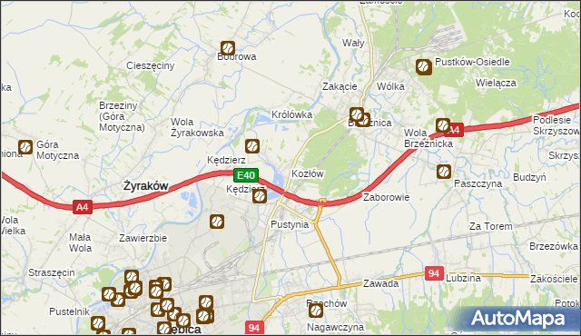 mapa Kozłów gmina Dębica, Kozłów gmina Dębica na mapie Targeo