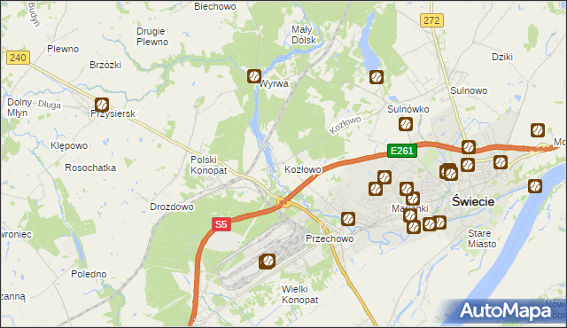 mapa Kozłowo gmina Świecie, Kozłowo gmina Świecie na mapie Targeo