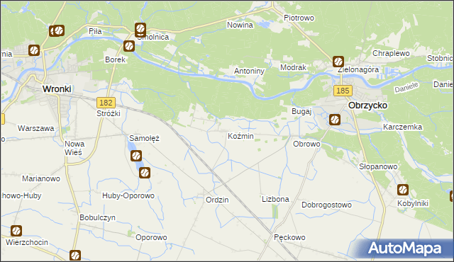 mapa Koźmin gmina Obrzycko, Koźmin gmina Obrzycko na mapie Targeo