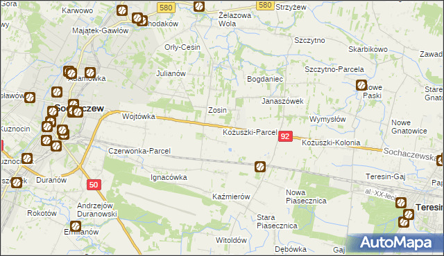 mapa Kożuszki-Parcel, Kożuszki-Parcel na mapie Targeo