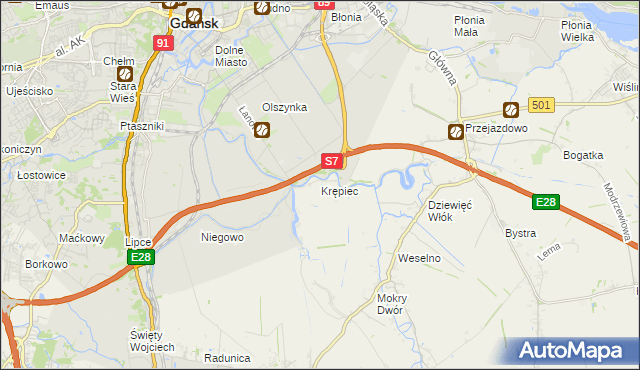 mapa Krępiec gmina Pruszcz Gdański, Krępiec gmina Pruszcz Gdański na mapie Targeo