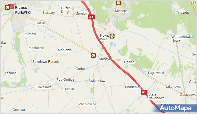 mapa Kruszyn gmina Włocławek, Kruszyn gmina Włocławek na mapie Targeo