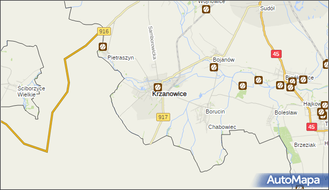 mapa Krzanowice powiat raciborski, Krzanowice powiat raciborski na mapie Targeo
