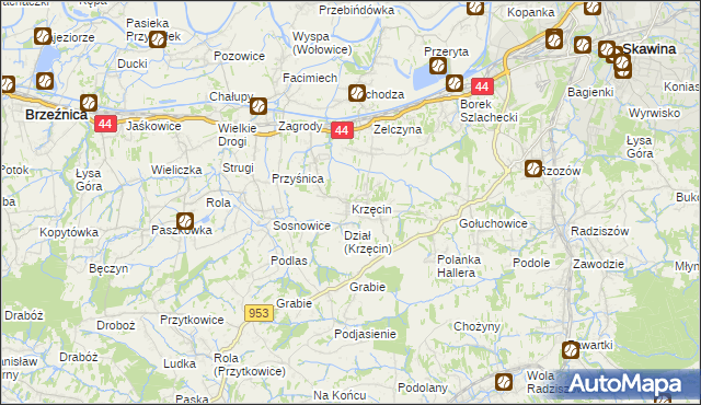 mapa Krzęcin gmina Skawina, Krzęcin gmina Skawina na mapie Targeo