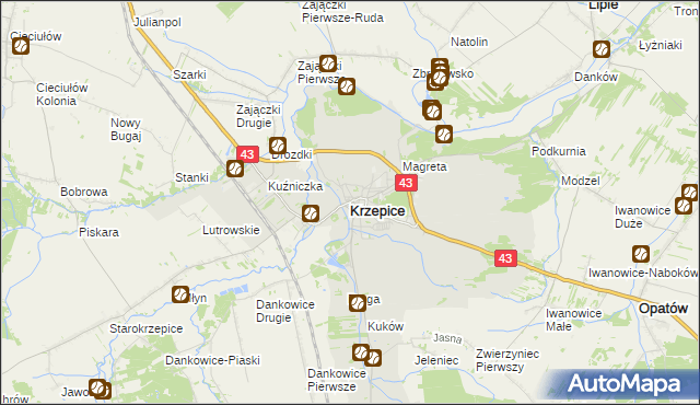 mapa Krzepice powiat kłobucki, Krzepice powiat kłobucki na mapie Targeo