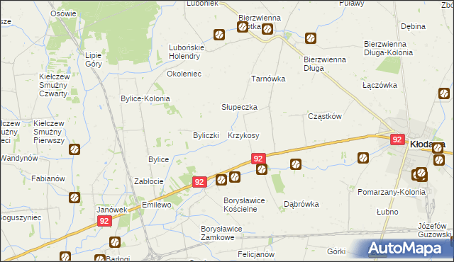 mapa Krzykosy gmina Kłodawa, Krzykosy gmina Kłodawa na mapie Targeo