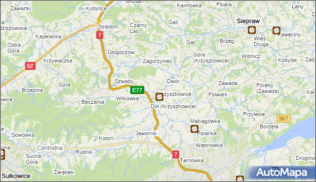 mapa Krzyszkowice gmina Myślenice, Krzyszkowice gmina Myślenice na mapie Targeo