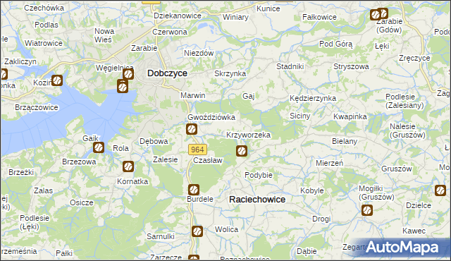 mapa Krzyworzeka gmina Raciechowice, Krzyworzeka gmina Raciechowice na mapie Targeo