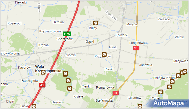 mapa Krzyżanów gmina Wola Krzysztoporska, Krzyżanów gmina Wola Krzysztoporska na mapie Targeo