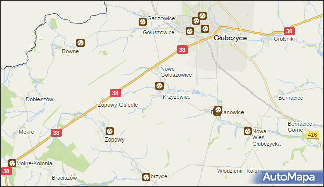 mapa Krzyżowice gmina Głubczyce, Krzyżowice gmina Głubczyce na mapie Targeo
