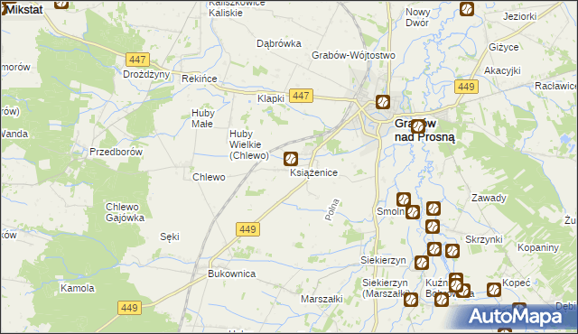 mapa Książenice gmina Grabów nad Prosną, Książenice gmina Grabów nad Prosną na mapie Targeo