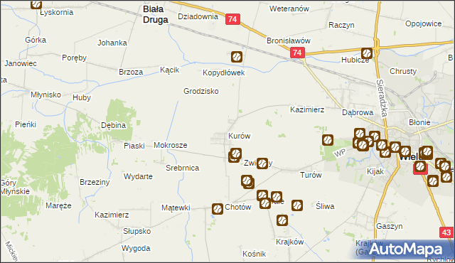mapa Kurów gmina Wieluń, Kurów gmina Wieluń na mapie Targeo