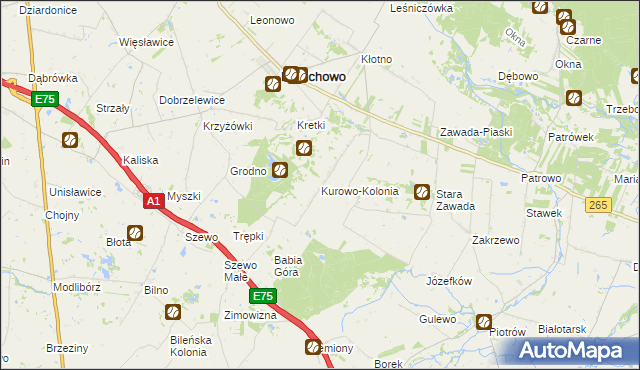 mapa Kurowo-Kolonia gmina Baruchowo, Kurowo-Kolonia gmina Baruchowo na mapie Targeo