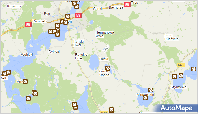 mapa Ławki gmina Ryn, Ławki gmina Ryn na mapie Targeo