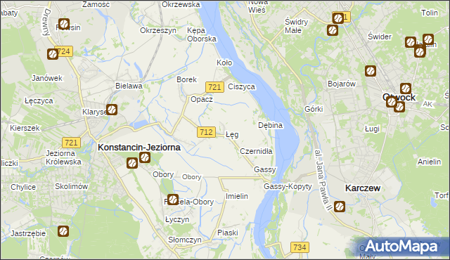 mapa Łęg gmina Konstancin-Jeziorna, Łęg gmina Konstancin-Jeziorna na mapie Targeo