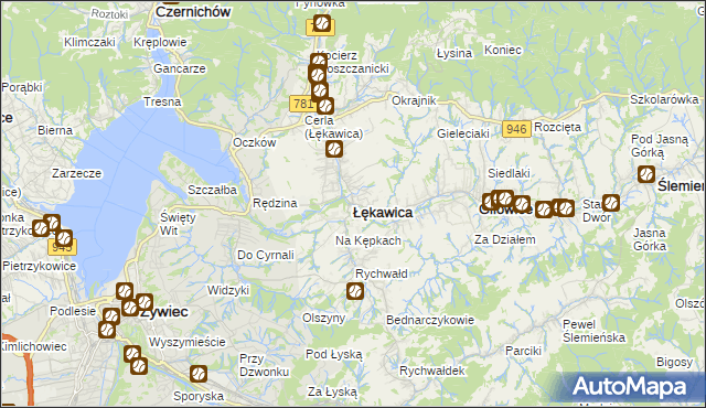 mapa Łękawica powiat żywiecki, Łękawica powiat żywiecki na mapie Targeo