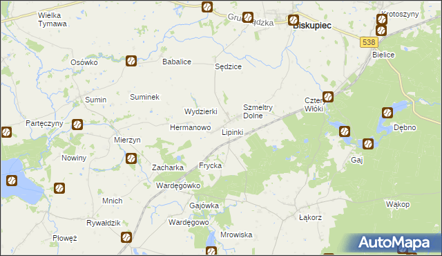 mapa Lipinki gmina Biskupiec, Lipinki gmina Biskupiec na mapie Targeo