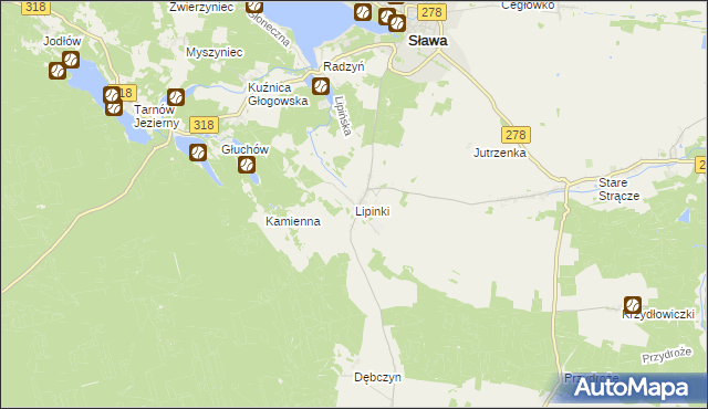 mapa Lipinki gmina Sława, Lipinki gmina Sława na mapie Targeo