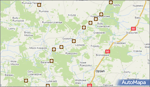 mapa Lipówiec gmina Ojrzeń, Lipówiec gmina Ojrzeń na mapie Targeo