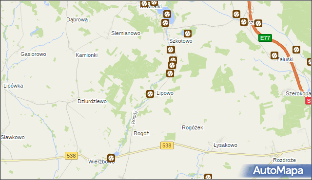 mapa Lipowo gmina Kozłowo, Lipowo gmina Kozłowo na mapie Targeo