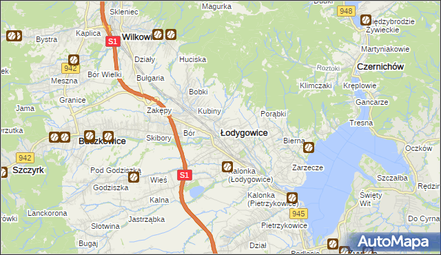 mapa Łodygowice powiat żywiecki, Łodygowice powiat żywiecki na mapie Targeo