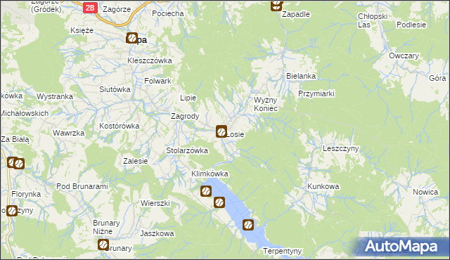 mapa Łosie gmina Ropa, Łosie gmina Ropa na mapie Targeo