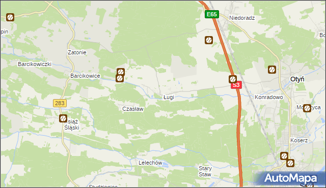 mapa Ługi gmina Otyń, Ługi gmina Otyń na mapie Targeo