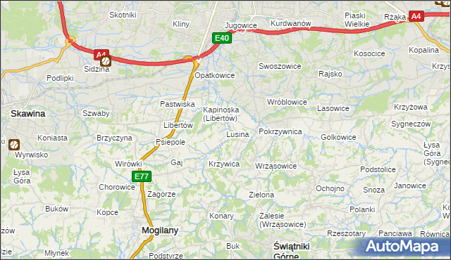 mapa Lusina gmina Mogilany, Lusina gmina Mogilany na mapie Targeo