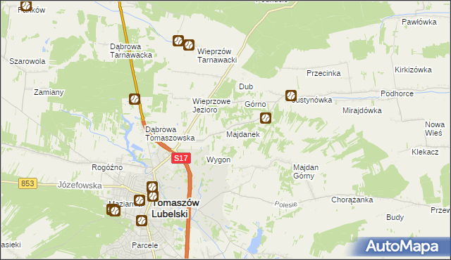 mapa Majdanek gmina Tomaszów Lubelski, Majdanek gmina Tomaszów Lubelski na mapie Targeo