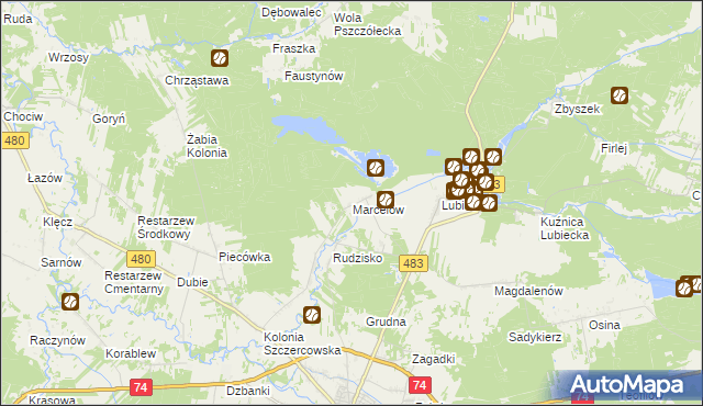 mapa Marcelów gmina Szczerców, Marcelów gmina Szczerców na mapie Targeo