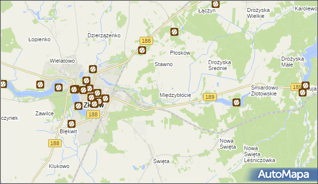 mapa Międzybłocie gmina Złotów, Międzybłocie gmina Złotów na mapie Targeo