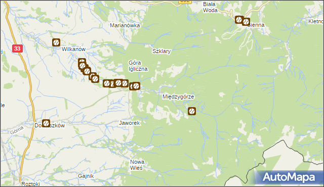 mapa Międzygórze gmina Bystrzyca Kłodzka, Międzygórze gmina Bystrzyca Kłodzka na mapie Targeo